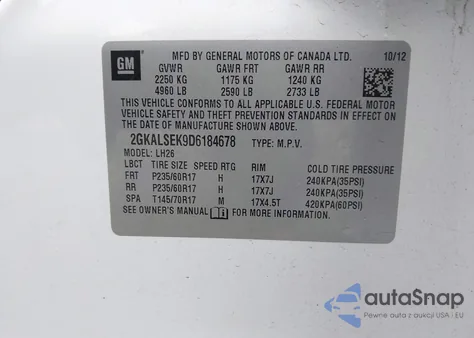 2013 GMC Terrain Sle-2 z USA, uszkodzony, nr VIN 2GKALSEK9D6184678